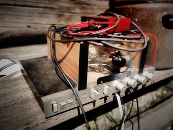 High angle view of camera on table