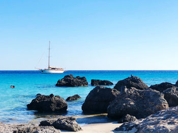 Scenic view of sea against clear blue sky