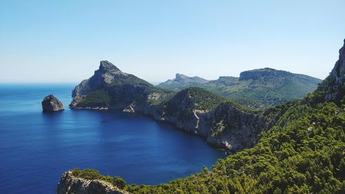 Scenic view of sea and rocks against clear blue sky