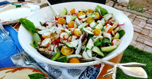 High angle view of vegetables in bowl on table