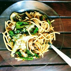 High angle view of noodles in bowl