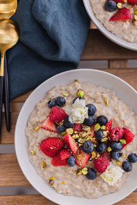 High angle view of breakfast served in bowl on table