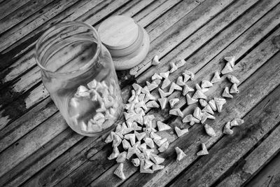 High angle view of chopped vegetables on wooden table
