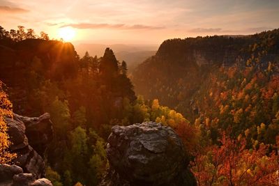 Autumn sunset view over colorful rocks to fall valley of bohemian switzerland.