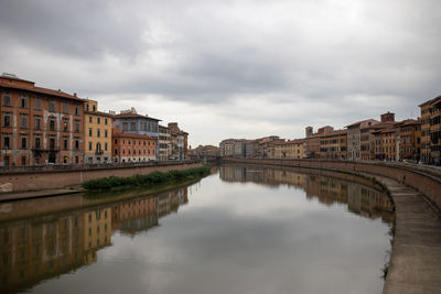 Bridge over river by buildings in city against sky