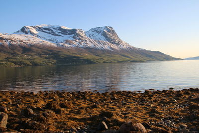 Scenic view of lake and mountains against sky