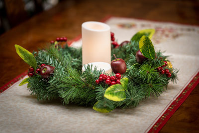 Close-up of christmas tree on table