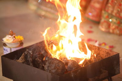 Close-up of bonfire on barbecue grill