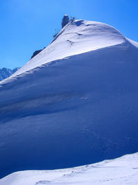 Low angle view of snowcapped mountain against clear blue sky