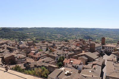 High angle view of townscape against clear sky