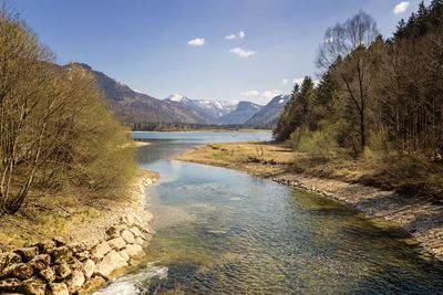 Scenic view of river amidst mountains against sky