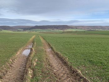 Scenic view of agricultural field against sky in eichsfeld, thuringia, germany