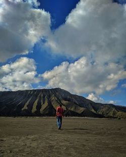 Rear view of man walking on sand against sky