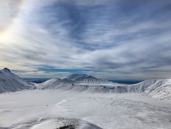 Scenic view of snowcapped mountains against sky