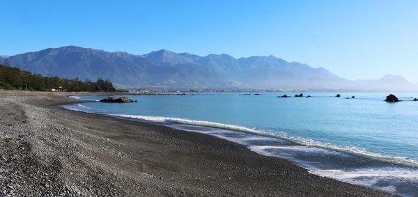 Scenic view of sea against clear blue sky