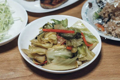 High angle view of meal served on table