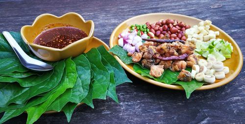 High angle view of meal served on table