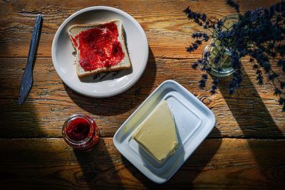 High angle view of breakfast on table