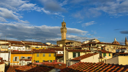 Clock tower in city against cloudy sky