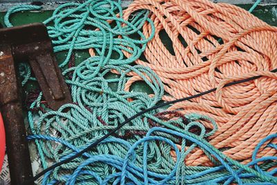 High angle view of ropes on fishing boat