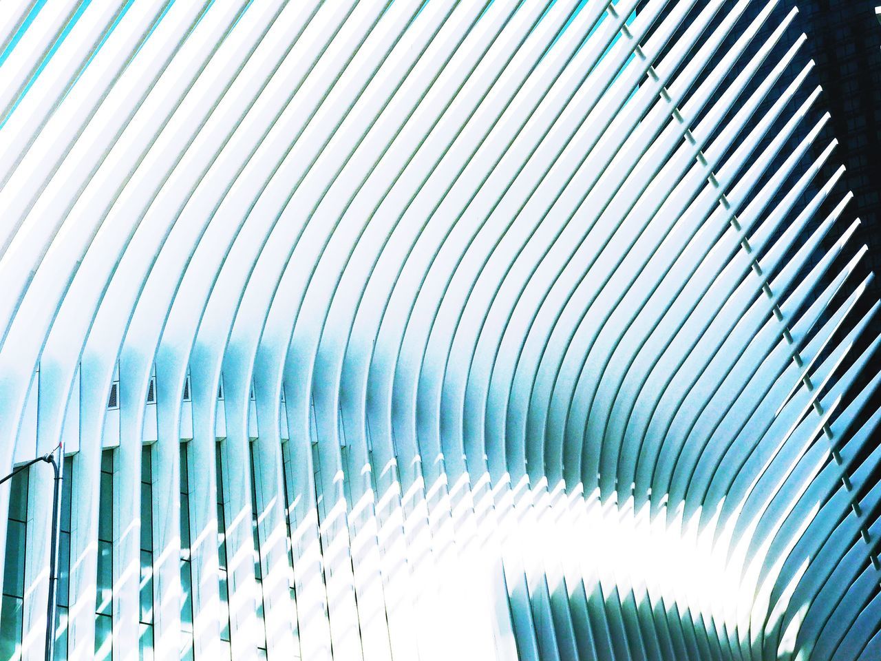 pattern, technology, backgrounds, metal, no people, close-up, indoors, abstract, full frame, design, textured, repetition, in a row, modern, shape, white color, industry, factory, blue, curve, ceiling, silver colored