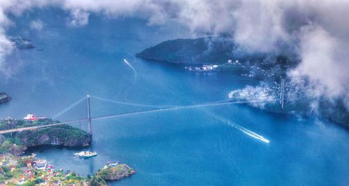 Aerial view of bay against sky