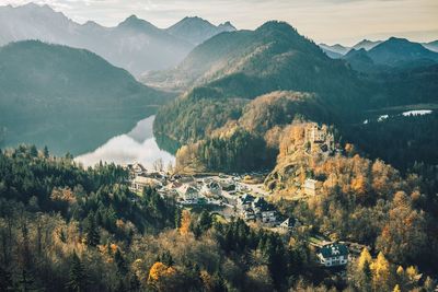 High angle view of trees and mountains