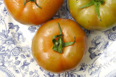 High angle view of oranges in plate on table