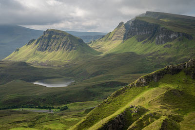 Scenic view of rock formations against sky in quiraing, isle of skye, scotland