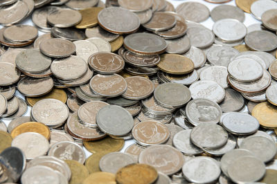 High angle view of coins