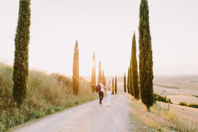 Rear view of people walking on road along trees