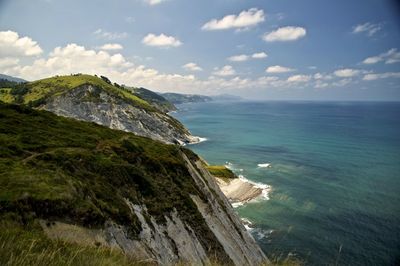 Scenic view of sea and mountains against sky