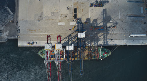 High angle view of a ship with cranes