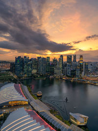 High angle view of city at sunset