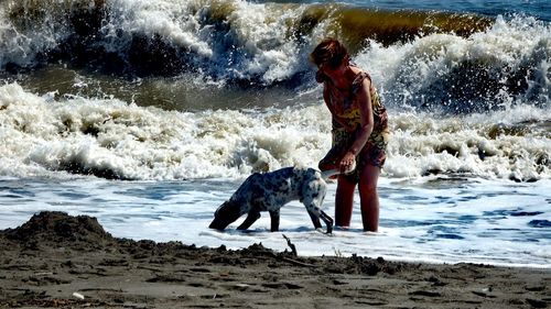 Full length of man playing with dog on beach