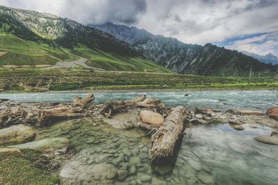 Lake with mountain in background