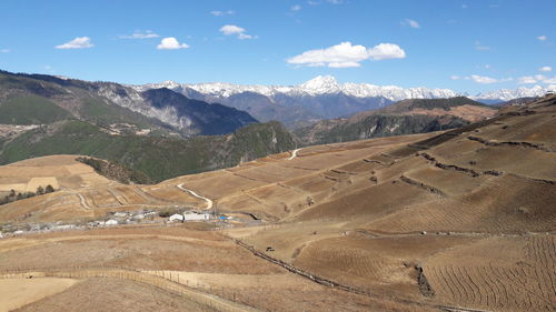 High angle view of road amidst mountains against sky