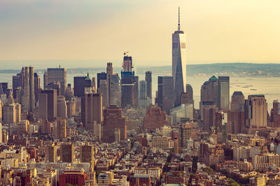 View of manhattan from the top angle at sunset. new york city view from the top. new york city