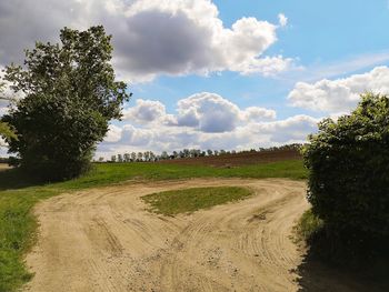 Dirt road amidst trees on field against sky