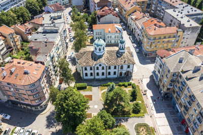 Aerial view of garden and orthodox church of assumption of mary in town of gabrovo, bulgaria