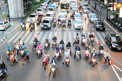 High angle view of people on city street