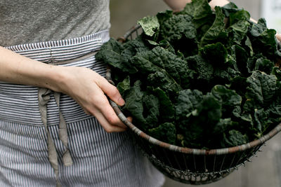 Midsection of woman holding vegetable in basket