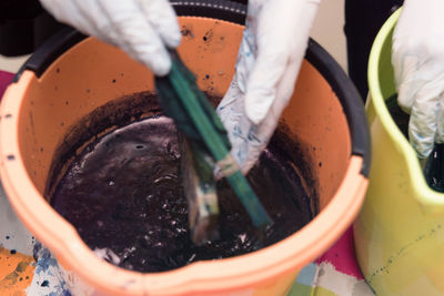 High angle view of preparing food in container