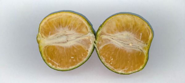 Close-up of lemon slice against white background