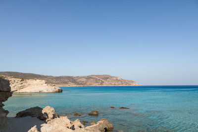 Scenic view of bay against clear sky
