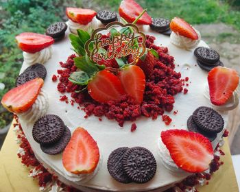 High angle view of dessert on table