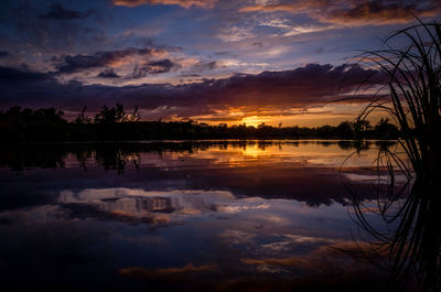 Scenic view of lake against sky at sunset