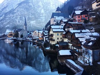 Buildings in city during winter