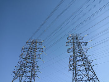 Low angle view of electricity pylon against clear blue sky