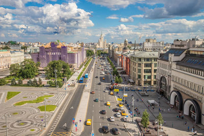 High angle view of city street against sky